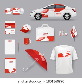 Identity set. Business souvenirs corporate products cards blank stationery tools cars vector identity elements collection