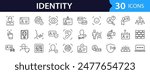 Identity set of web icons in line style. Authentication linear icons collection. Containing identification, passport, biometric, ID card, fingerprint, DNA. Editable stroke