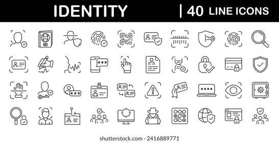 Conjunto de identidades de los iconos web en estilo de línea. Iconos de verificación para aplicaciones web y móviles. Huella digital, identificación de cara, tarjeta de identificación, reconocimiento de voz, ADN, pasaporte. Ilustración del vector