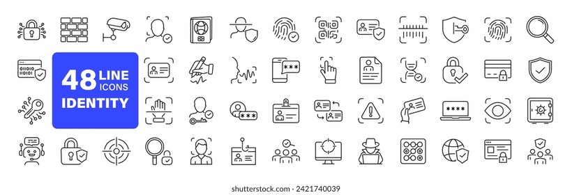 Identity set of web icons in line style. Verification icons for web and mobile app. Fingerprint, face identification, ID card, voice recognition, DNA, Passport. Vector illustration