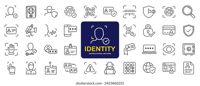 Conjunto de identidades de iconos web en estilo de línea. Iconos de verificación para web y aplicación móvil. Huella digital, identificación facial, tarjeta de identificación, reconocimiento de voz, ADN, pasaporte. Ilustración de vector