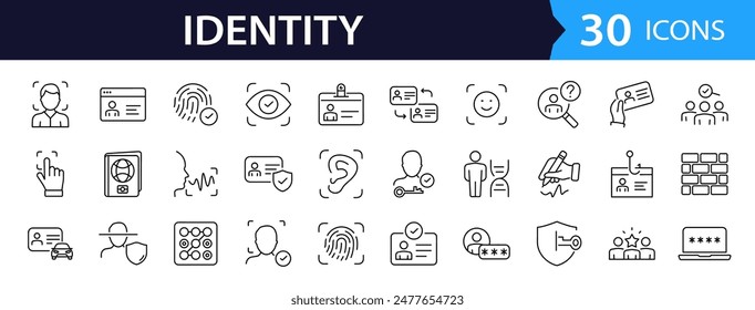 Identity set of web icons in line style. Authentication linear icons collection. Containing identification, passport, biometric, ID card, fingerprint, DNA. Editable stroke