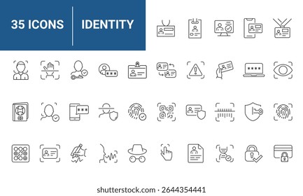 Identity set of web icons in line style. Verification icons for web and mobile app. Fingerprint, face identification, ID card, voice recognition, DNA, Passport. Vector illustration