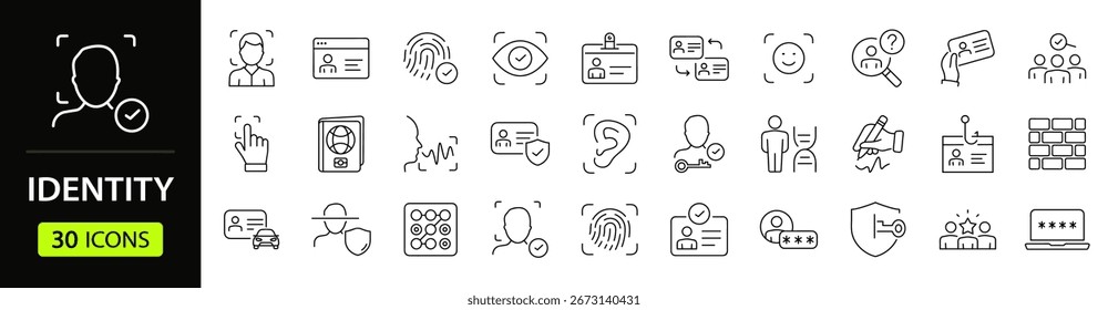 Conjunto de identidades de ícones da Web em estilo de linha. Coleção de ícones lineares de autenticação. Contendo identificação, passaporte, dados biométricos, bilhete de identidade, impressão digital, ADN. Traçado editável