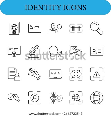 Identity set of web icons in line style.  Icons include a passport, ID card, person with a check mark, barcode, magnifying glass, lock, fingerprint, speech and sound waves, card with hand.
