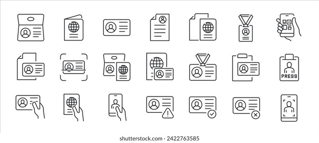 Identity simple minimal thin line icons. Related id card, parrport, pass, document. Vector illustration.