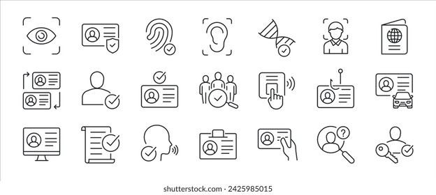 Identity simple minimal thin line icons. Related id card, security, identify. Vector illustration. 