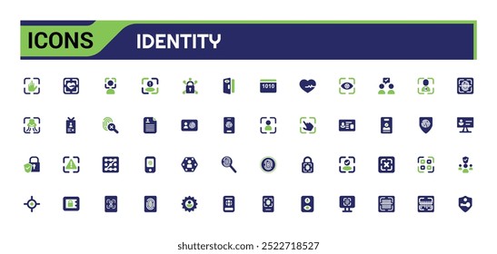 Identity solid color icon set. Colorful icons related to identification, DNA and authentication icons. Filled icon collection. Vector illustration.