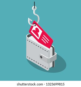 Identity spoofing internet cyber attack symbol with wallet and identity card, isolated on blue background. Flat design, easy to use for your website or presentation.