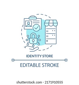 Identity Store Turquoise Concept Icon. Directory Service Abstract Idea Thin Line Illustration. Warehousing Information. Isolated Outline Drawing. Editable Stroke. Arial, Myriad Pro-Bold Fonts Used