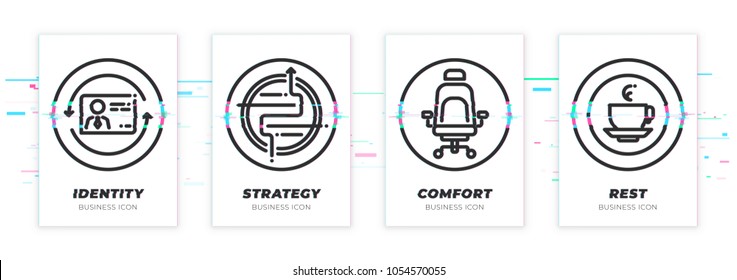 Identity, strategy, comfort, rest. Business theme glitched black icons set. Scalable vector objects on transparent background. Modern distorted glitch style.