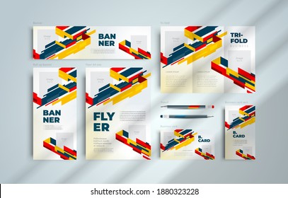 Identity stripes abstract geometric colored. Set flyer cover, tri-fold, banner, roll up banner, business card