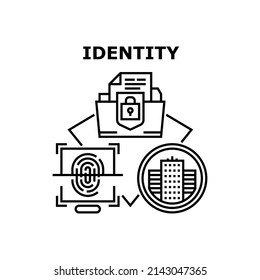 Identity System Vector Icon Concept. Fingerprint Scanning Identity System For Protect Private Information. Security Electronic Technology For Safe Info. Dossier Protection Black Illustration