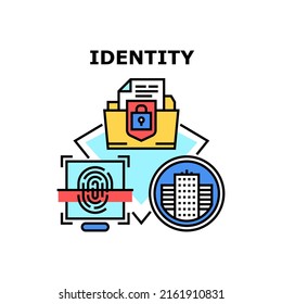 Identity System Vector Icon Concept. Fingerprint Scanning Identity System For Protect Private Information. Security Electronic Technology For Safe Info. Dossier Protection Color Illustration