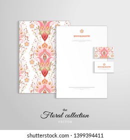 Identity templates. Letterhead, folder for documents, business cards. Oriental peacock feathers pattern