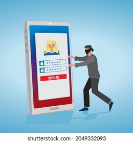 Identity theft. Disguised man taken username and password. Vector illustration.