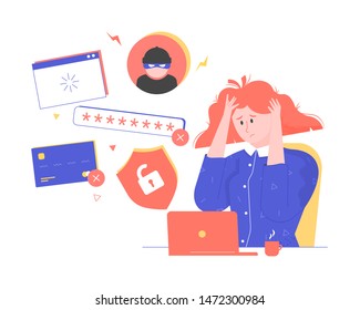 Identity Theft, Girl At The Computer, Account Hacking, User Forgot Password, Laptop With Shield And Bank Card, Excited Woman Flat Character Cartoon Vector