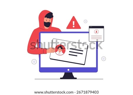 Identity Theft and Personal Data Breach Illustration. A Hacker Stealing a User's Identity, Highlighting Cybersecurity Threats and Data Fraud. Vector Flat Illustration