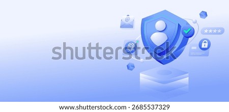 Identity Theft Protection Cybersecurity Digital Identity Protection modern illustration symbolizing cybersecurity and personal data protection, shield security, fingerprint authentication, password