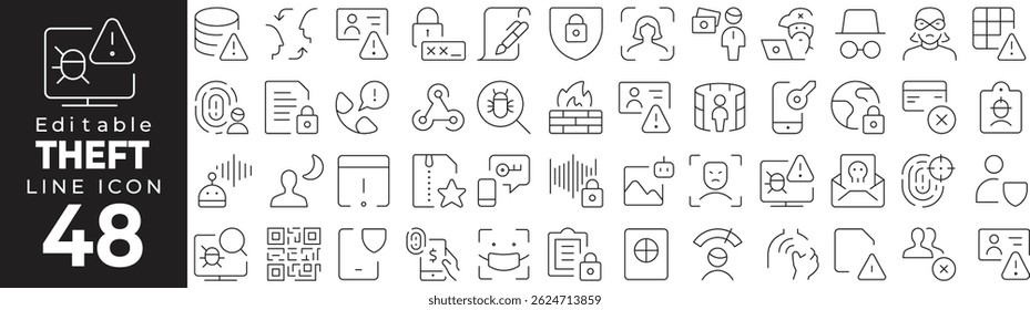 Conjunto de iconos de línea delgada de robo de identidad: cibercrimen, privacidad y protección de datos
