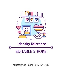 Identity tolerance concept icon. Admit orientation. Stage of coming out abstract idea thin line illustration. Isolated outline drawing. Editable stroke. Arial, Myriad Pro-Bold fonts used