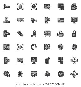 Conjunto de iconos de vectores de identidad, colección de símbolos sólidos modernos, paquete de pictogramas de estilo relleno. Señales, ilustración del logotipo. El conjunto incluye iconos como Identificación y autenticación, control de acceso, Inicio de sesión seguro