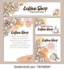 Identity vector template coffee page decoration, business card with sketch cups, hot drinks, French press, brewer for label menu cafe and coffeehouse
