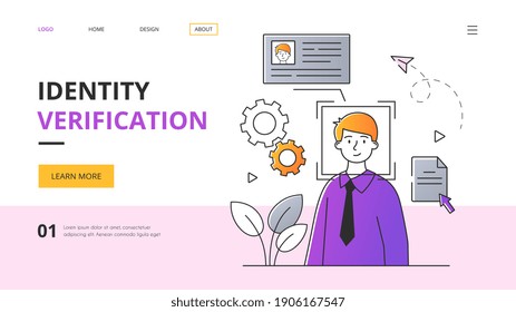 Identity verification concept. Outline minimal style flat cartoon vector illustration with fictional character. Website, webpage, landing page template