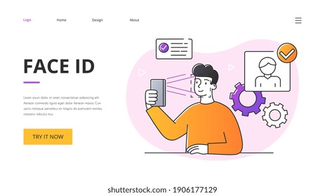 Identity verification concept. Outline minimal style flat cartoon vector illustration with fictional male character. Website, webpage, landing page template or layout