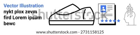 Identity verification, customer satisfaction, rating systems, professional documents, hiring process, brand assessment. Minimalist icons include a shoe, ID profile and rating stars. Identity