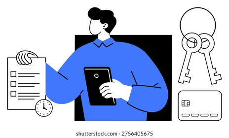 Identity verification, digital security, data management, authentication processes, personal safety, secure access. Person holding checklist and tablet with keys and credit card. Identity