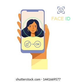 Identity verification. Face detect and recognition. Scanning process on screen mobile. Young woman holds a smartphone in her hand. Face reflection on the screen. Modern vector, trendy style, isolated