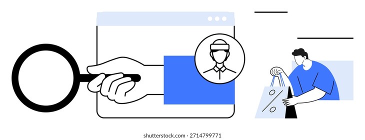 Verificação de identidade, prevenção de fraudes, segurança do comércio eletrônico, proteção do consumidor, compras on-line, análise de dados. Uma lupa, perfil de usuário e comprador. Verificação de identidade e fraude