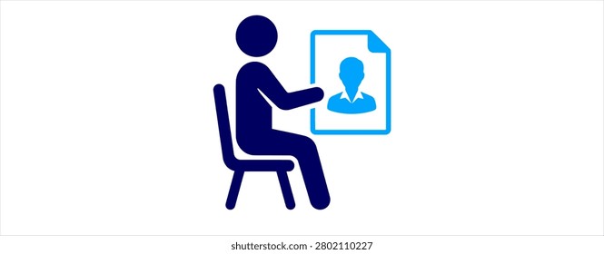 Identity verification icon design. user profile, document review, personal identification, account validation, digital authentication, seated person, file record.