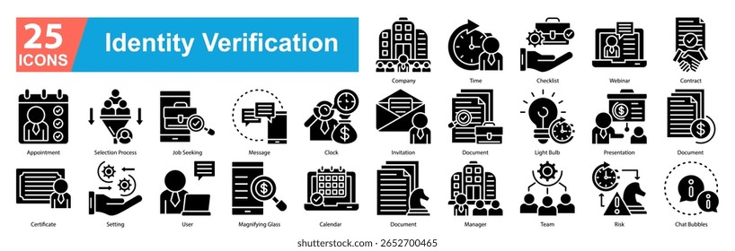 Identity Verification Icon Set Outline empresa, hora, lista de verificação, webinar, contrato, compromisso, processo de seleção, procura de emprego, mensagem, relógio, convite, documento, lâmpada, apresentação, docum
