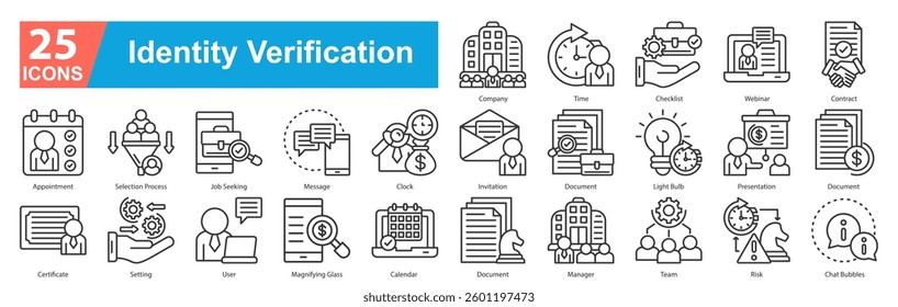 Identity Verification Icon Sheet Outline company, time, checklist, webinar, contract, appointment, selection process, job seeking, message, clock, invitation, document, light bulb, presentation