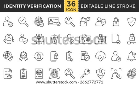 Identity and Verification Line Icon Set. Pixel Perfect and Outline Editable Stroke Icons collection for Passport, Biometric, Driving License, Face ID, Fingerprint, Code, and Tools