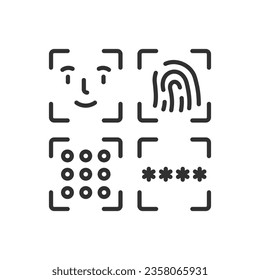 Verificación de identidad, icono lineal. Diferentes tipos de verificación y acceso. reconocimiento facial, escáner de huellas digitales, clave gráfica, contraseña. Línea con trazo editable
