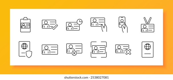 Icono de conjunto de identidad y verificación. Tarjeta de identificación con cheque, verificada, vencimiento, retención, móvil, insignia, pasaporte, protegida, tarjeta rechazada