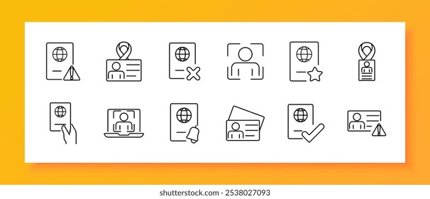 Icono de conjunto de verificación de identidad. Pasaporte con alerta, tarjeta de identificación, pasaporte cancelado, Estado estrella, ID de ubicación, Identificación de computadora, notificación, verificado, verificación de perfil