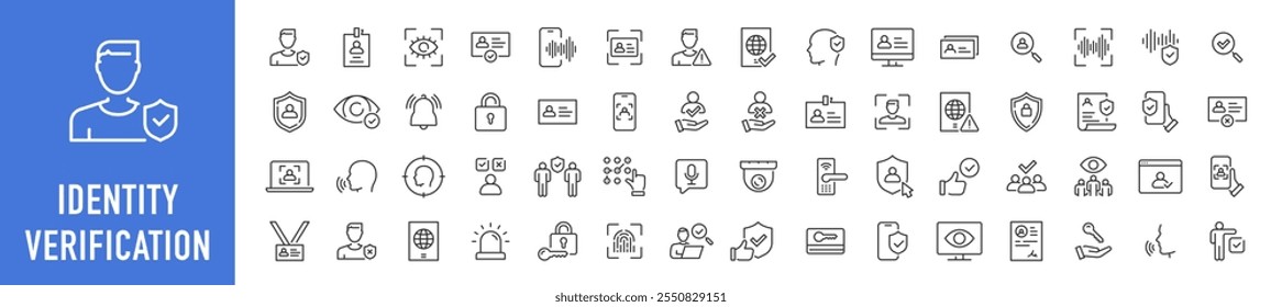 Websymbole für Identität und Überprüfung im Linienstil. Reisepass, biometrisch, Werkzeuge, Führerschein, Gesicht ID, Code, Finger, Sammlung. Vektorgrafik.