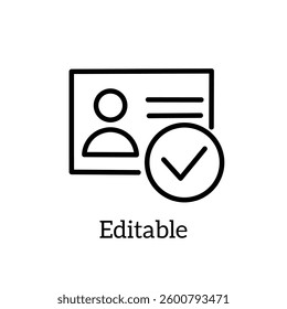 Identity verified pixel perfect linear icon. ID card with checkmark. Personality approvement. Employee badge. Thin line illustration. Contour symbol. Vector outline drawing.