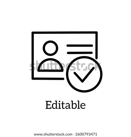 Identity verified pixel perfect linear icon. ID card with checkmark. Personality approvement. Employee badge. Thin line illustration. Contour symbol. Vector outline drawing.
