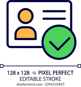 Identity verified pixel perfect RGB color icon. ID card with checkmark. Personality approvement. Employee badge. Isolated vector illustration. Simple filled line drawing. Editable stroke