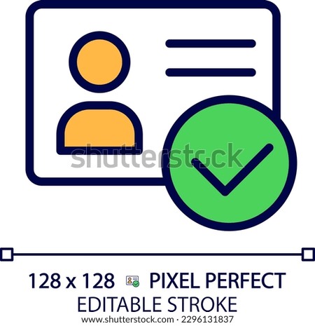 Identity verified pixel perfect RGB color icon. ID card with checkmark. Personality approvement. Employee badge. Isolated vector illustration. Simple filled line drawing. Editable stroke