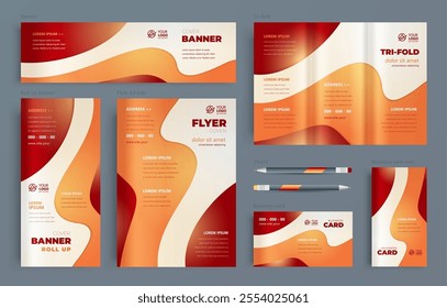 Identity waves curves orange color Set flyer cover, tri-fold, banner, roll up banner, business card