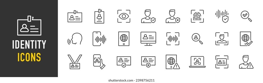 Identity web icons in line style. Verification, document, id card, fingerprint, identification, passport, collection. Vector illustration.