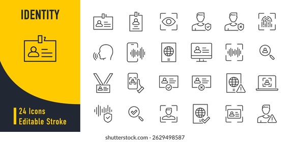 Identity web icons in line style. Verification, document, id card, fingerprint, identification, passport, collection. Vector illustration.