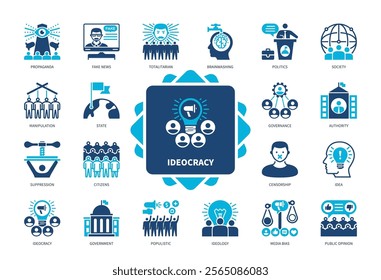 Ideocracy icon set. Totalitarian, Populistic, Idea, Governance, Ideology, Media Bias, Brainwashing, Society. Duotone color solid icons