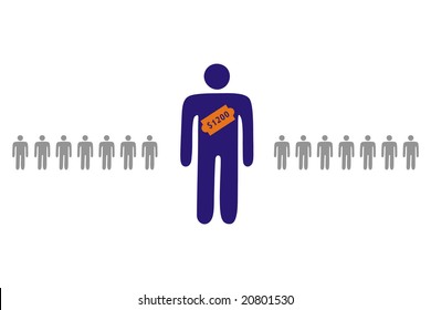 ideogram of character representing honest salesman with price tag